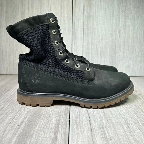 Timberland Black Suede Weave Knit Upper Ankle Boots Combat Bootie Women’s Size 9 - Picture 3 of 10